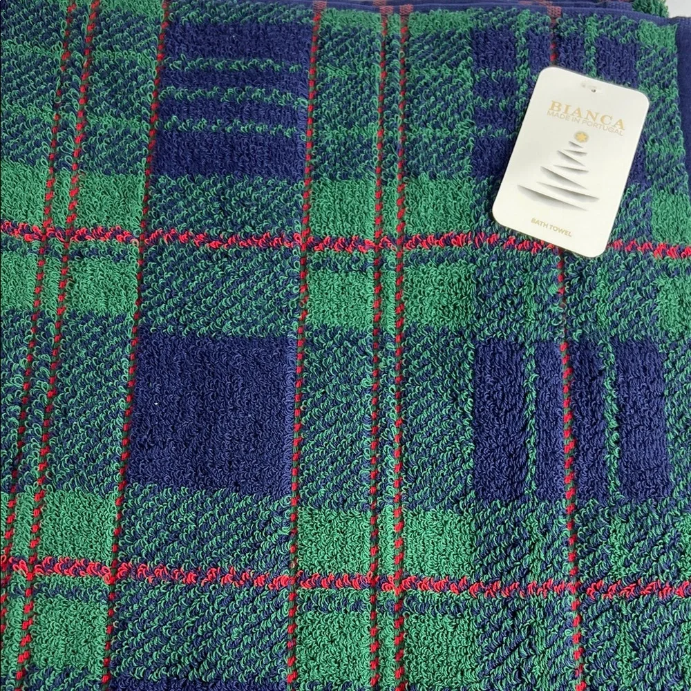 Bianca Bath Towel Set Plaid Green Blue Red Tartan Made in Portugal 3Pc Set NEW